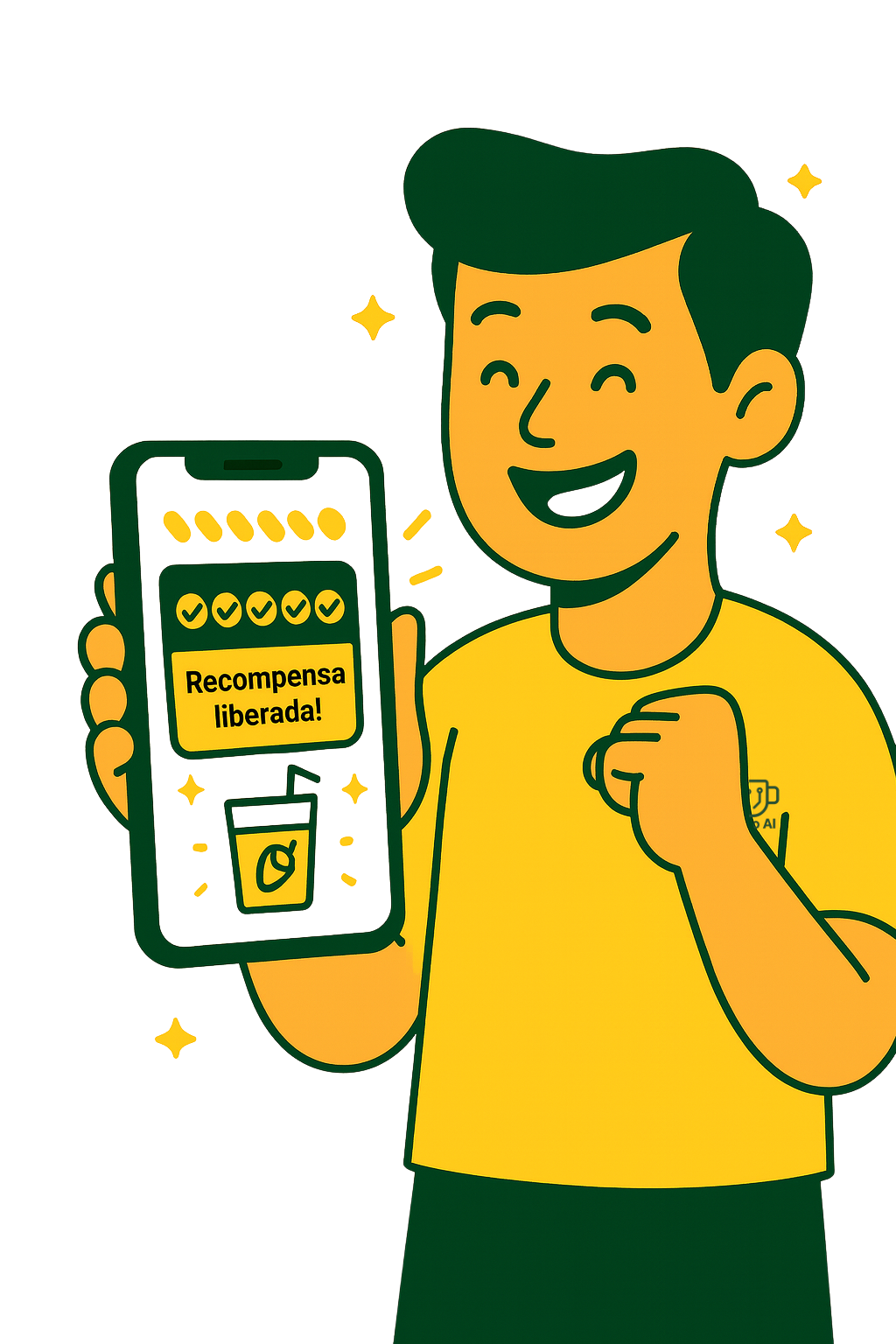 Pessoa feliz usando aplicativo de cartão fidelidade no celular